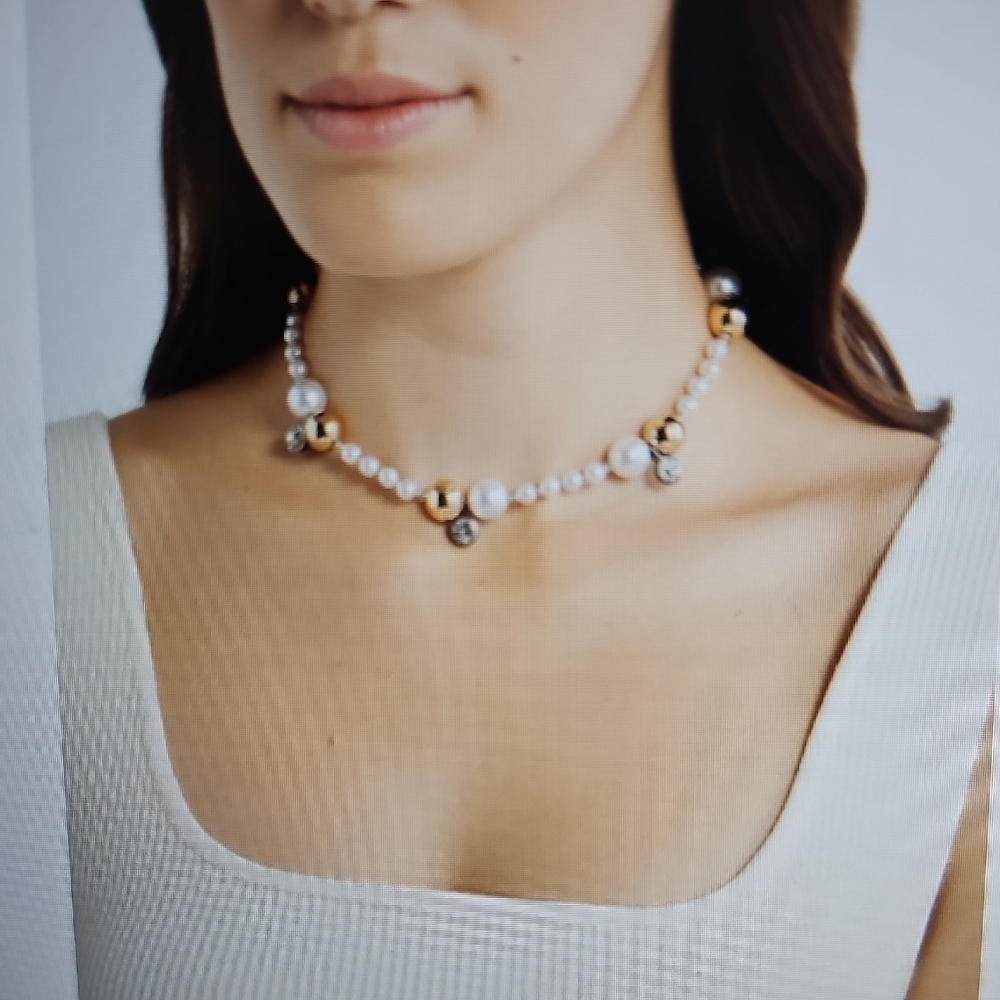 NWT Open Edit Faux Pearl Crystal Station Necklace W High Shine Balls & Crystals